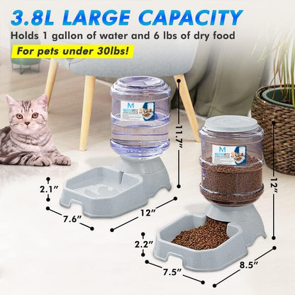2 Pack Cat Feeder Automatic and Water Dispenser for Dogs Pets, 1 Gallon Gravity Feed Water Bowl Waterer for Small Medium Cats Auto Pet Waterer Replenish